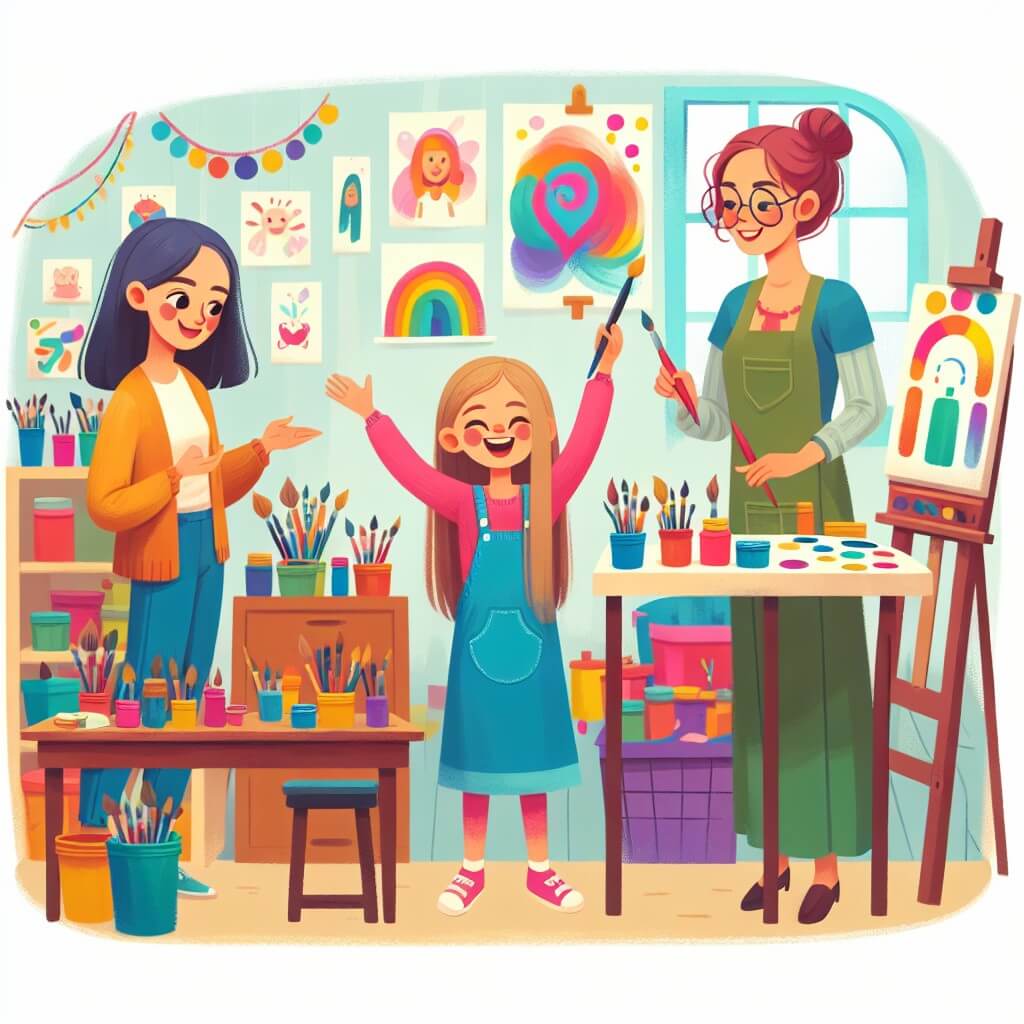 Une illustration destinée aux enfants représentant une artiste talentueuse et passionnée, accompagnée de sa mère et de son professeur d'art, dans un laboratoire coloré rempli de pinceaux, de couleurs éclatantes et de créations artistiques, où elle découvre son amour pour l'art et réalise son rêve de participer à une exposition d'art pour enfants.