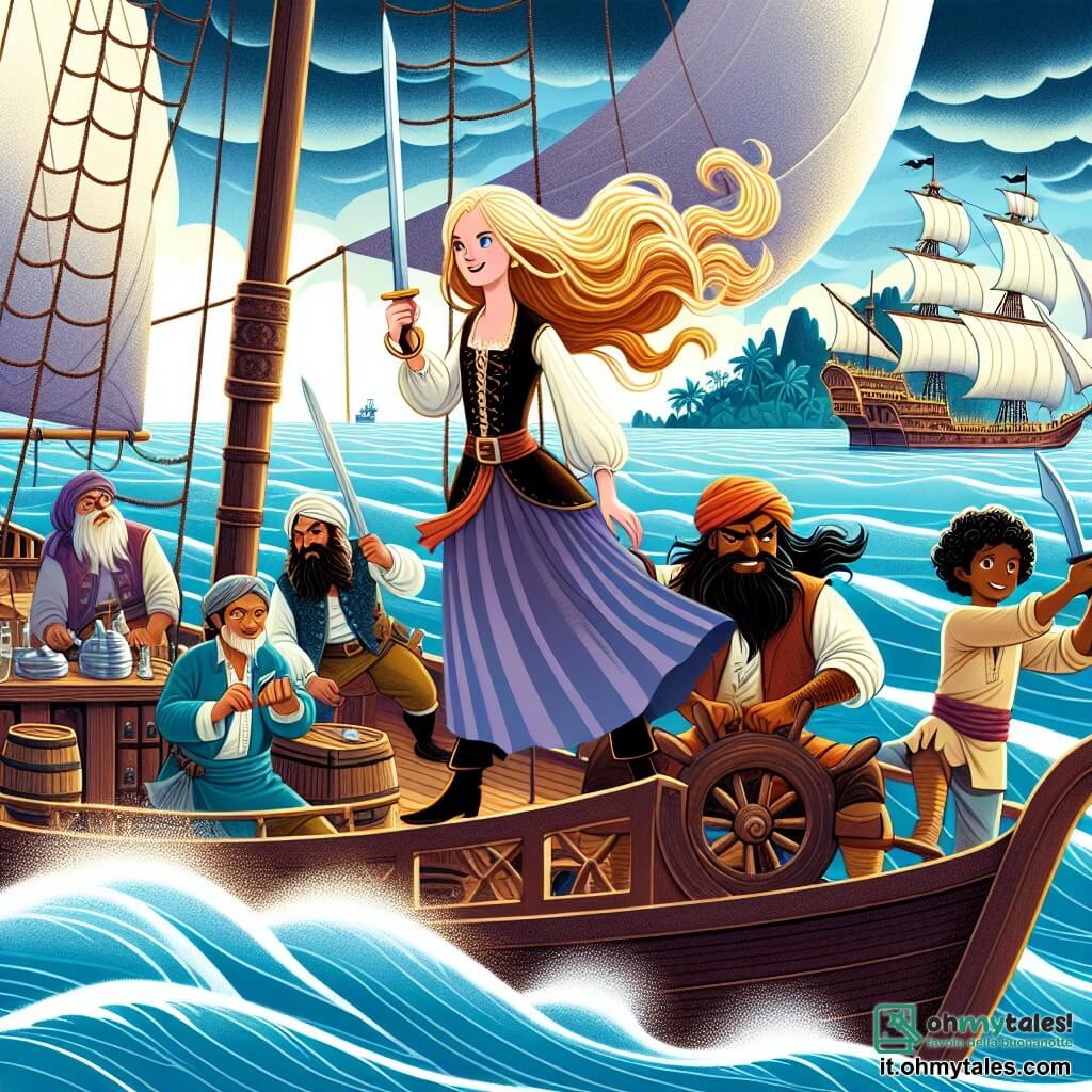 Une illustration destinée aux enfants représentant une intrépide pirate aux longs cheveux blonds naviguant sur un navire majestueux, accompagnée de son équipage hétéroclite, voguant à travers un océan scintillant parsemé d'îles mystérieuses et de tempêtes menaçantes.