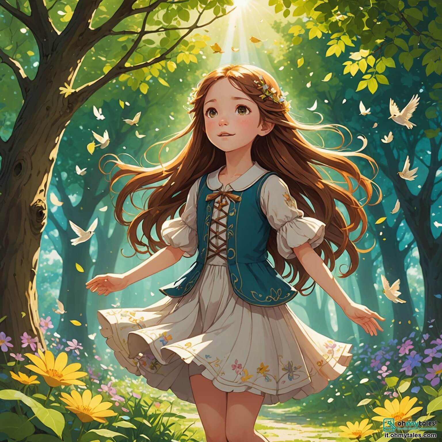 Une illustration destinée aux enfants représentant une petite fille aux longs cheveux châtains flottant comme des pétales de fleurs au gré du vent, les yeux pétillants de curiosité, qui, dans un jardin enchanté où les arbres majestueux se dressent comme des gardiens de secrets, les fleurs colorées dansent sous les doux rayons du soleil printanier, et les oiseaux chantent des mélodies joyeuses, se lance dans une aventure palpitante à la recherche d'un trésor caché, accompagnée de son ami espiègle, un garçon au sourire contagieux, tandis qu'ensemble ils découvrent les merveilles de la nature qui s'éveille autour d'eux.