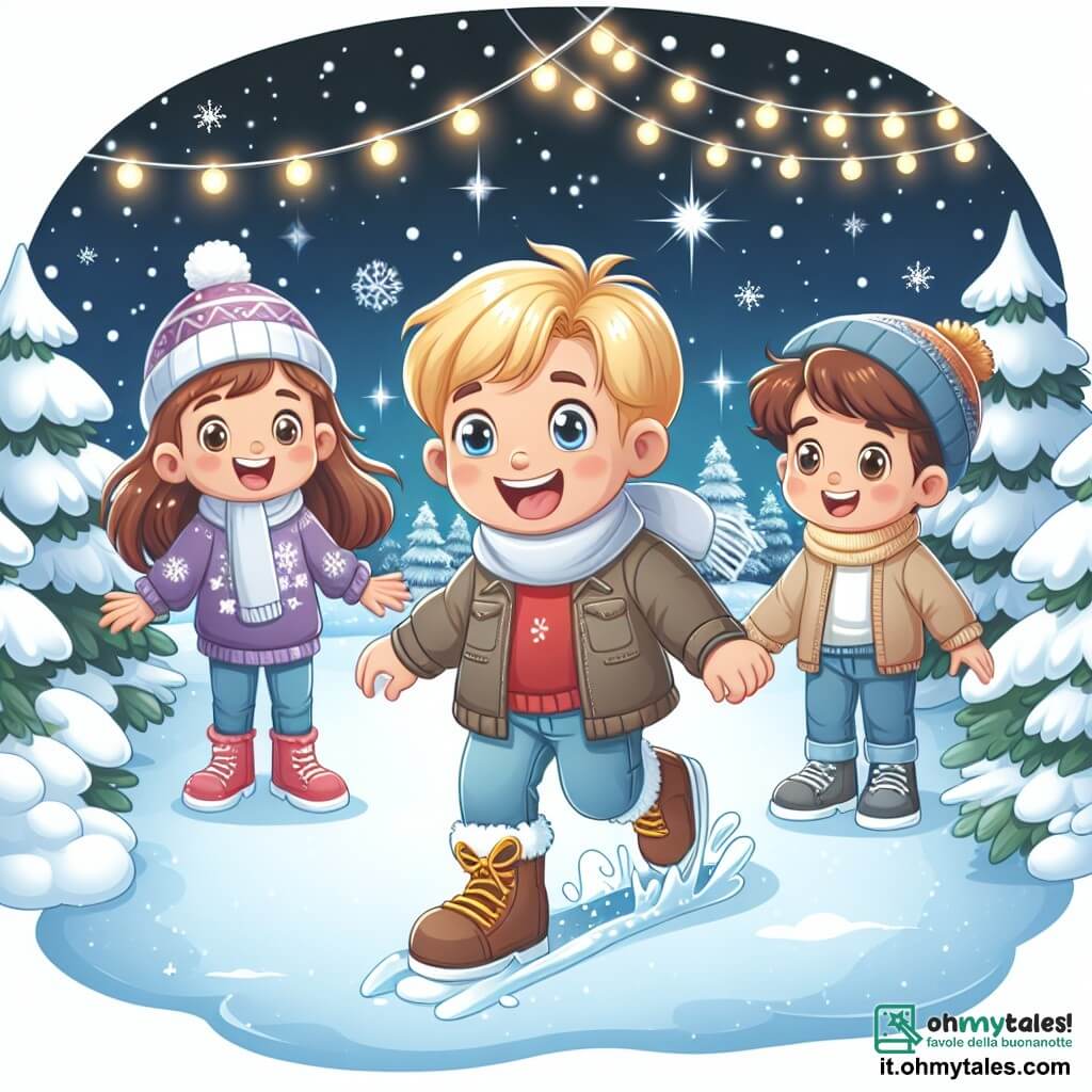 Une illustration destinée aux enfants représentant un garçon enthousiaste découvrant la neige pour la première fois, accompagné de ses amis, une fille et un garçon, dans un parc hivernal recouvert de neige scintillante et de lumières d'hiver magiques.