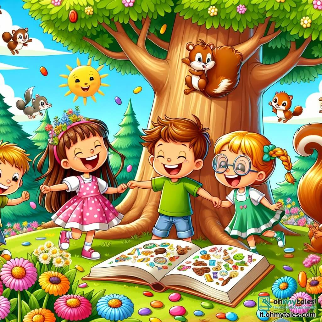 Illustrazione che rappresenta un parco soleggiato, pieno di fiori colorati e alberi maestosi. Al centro, un grande albero con foglie verdi brillanti, sotto il quale si trova un gruppo di quattro bambini. Due ragazze, di circa 8 anni, stanno ballando gioiosamente. Una ha lunghi capelli castani e indossa un vestito rosa a pois, mentre l'altra ha capelli biondi intrecciati e una gonna blu. Un ragazzo, di 9 anni, con capelli castani disordinati, ride a crepapelle, indossando una maglietta verde e pantaloni corti. L'ultima ragazza, di circa 8 anni, ha occhiali tondi e capelli ricci, tiene un grande libro illustrato e sorride guardando i suoi amici. La scena mostra i bambini che fanno una danza divertente, imitando scoiattoli, con espressioni di gioia e risate sui loro volti. Caramelle colorate sono sparse attorno a loro e un piccolo scrigno del tesoro è aperto ai loro piedi, rivelando dolci scintillanti. Il cielo è blu, punteggiato di nuvole bianche, e uccelli volano gioiosamente sopra di loro.