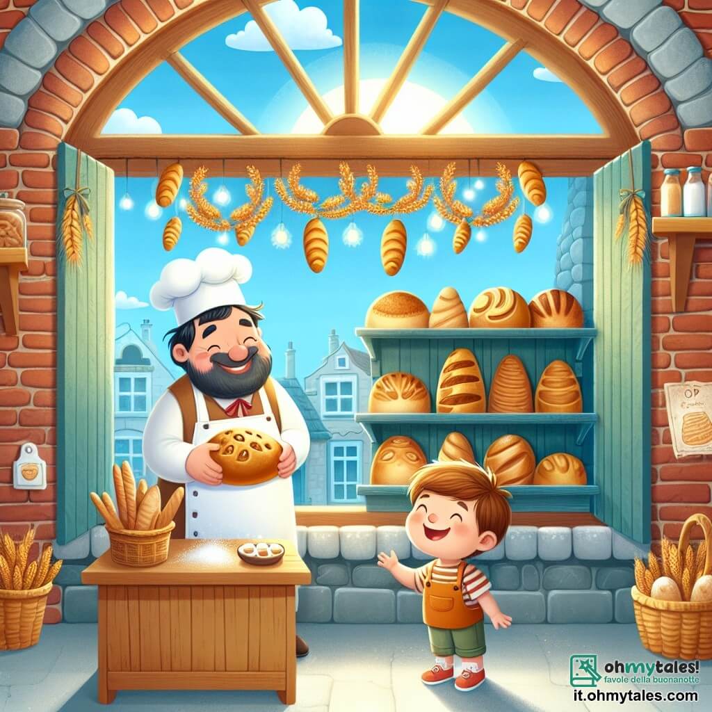Une illustration destinée aux enfants représentant un boulanger souriant et bienveillant, en train de partager ses secrets de cuisine avec un petit garçon passionné, dans une charmante boulangerie aux murs de briques rouges ornés de guirlandes de pains dorés, sous un ciel bleu parsemé de nuages moelleux.