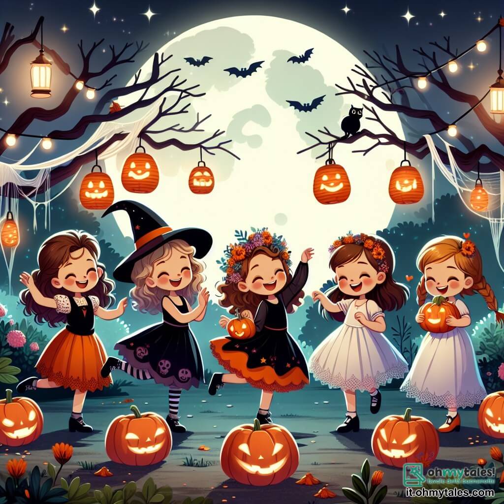 Illustrazione di un giardino decorato per Halloween, immerso in una dolce luce lunare. Gli alberi sono adornati con ragnatele scintillanti, mentre lanterne di carta fluttuano nell'aria, proiettando ombre danzanti sul suolo. Al centro, quattro ragazze di circa 10 anni ballano con zucche sorridenti. La prima, con capelli castani e ricci, indossa un costume da strega nero con un cappello a punta e ride gioiosamente alzando le braccia. La seconda, con capelli biondi intrecciati, è vestita con un abito arancione e tiene una piccola pannocchia. La terza, con capelli rossi, indossa un costume da fantasma bianco e fa gesti divertenti, mentre la quarta, con capelli castani, è vestita da vampiro con un mantello rosso e sorride tenendo una lanterna. La scena mostra le ragazze circondate da zucche animate che danzano e ridono, creando un'atmosfera magica e festosa. Stelle scintillanti illuminano il cielo e foglie autunnali vorticano attorno a loro, aggiungendo alla magia di questa notte di Halloween.