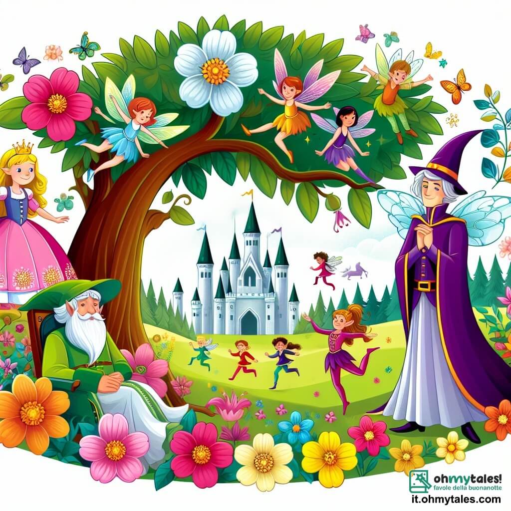 Une illustration destinée aux enfants représentant une princesse pleine de curiosité, un mago farceur, et un royaume enchanté rempli de fées dansant parmi des fleurs multicolores et d'elfes jouant sous des arbres majestueux.