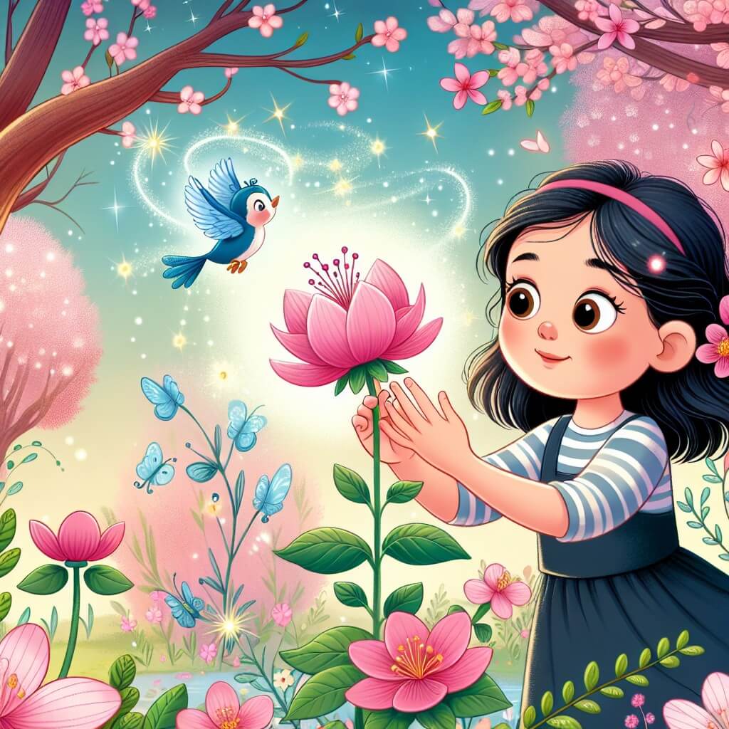 Une illustration destinée aux enfants représentant une jeune fille aux cheveux sombres, émerveillée par l'éclosion d'une fleur rose dans un jardin magique, accompagnée d'un oiseau bleu et entourée d'arbres en fleurs et de papillons virevoltants.