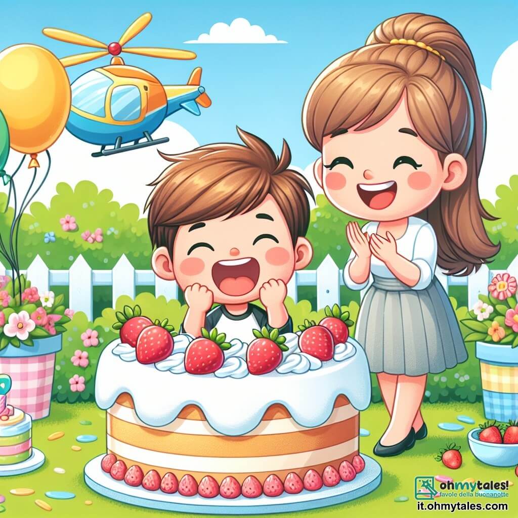 Une illustration destinée aux enfants représentant un garçon joyeux découvrant une énorme torta ricoperta di panna e fragole, avec sa maman souriante et un elicottero colorato atterrissant dans un jardin ensoleillé pour son anniversaire.