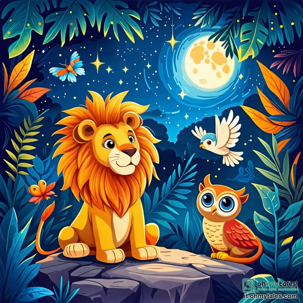 Une illustration sous forme de dessin destinée aux enfants représentant une vaste et colorée jungle tropicale illuminée par la lumière des étoiles, au centre un lion majestueux avec une crinière dorée et des yeux brillants, assis sur une pierre, regardant avec curiosité le ciel nocturne, tandis qu'un petit hibou aux plumes douces et aux grands yeux ronds vole autour de lui, lui parlant avec un air amical, capturant l'instant où le lion surmonte sa peur du noir en découvrant la beauté des étoiles scintillantes.