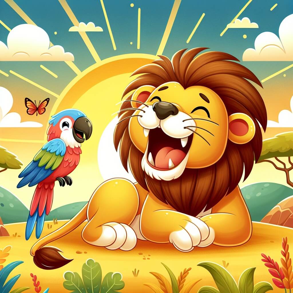 Une illustration destinée aux enfants représentant un lion majestueux, en train de rire aux éclats avec un perroquet coloré, dans une savane africaine baignée par les rayons dorés du soleil couchant.