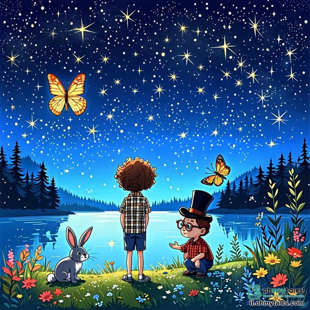 Une illustration sous forme de dessin destinée aux enfants représentant un lac scintillant sous un ciel étoilé, où un garçon de 8 ans aux cheveux bouclés et aux yeux pétillants, vêtu d'une chemise à carreaux et de shorts, se tient émerveillé au bord de l'eau, tandis qu'un coniglio parlante, portant un chapeau haut de forme et des lunettes rondes, et une farfalla colorée aux ailes brillantes volent autour de lui, alors qu'ils célèbrent la magie retrouvée du lac après avoir sauvé la lumière des étoiles d'un sombre enchantement.