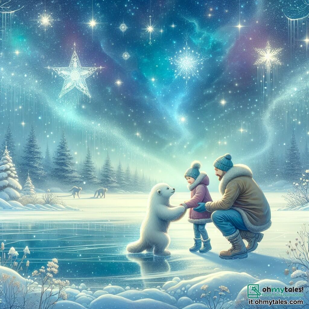 Une illustration destinée aux enfants représentant une fillette jouant dans la neige avec son papa, rencontrant un nouvel ami sur un lac ghiacciato, dans un décor hivernal féerique avec des étoiles scintillantes et des flocons de neige virevoltants.