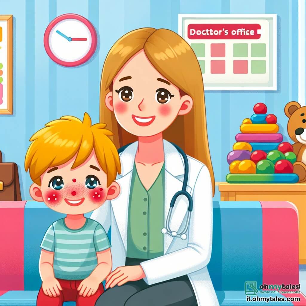 Une illustration destinée aux enfants représentant un petit garçon aux joues rougies par la fièvre, accompagné de sa maman souriante, dans la salle d'attente colorée et pleine de jouets d'un cabinet médical chaleureux.