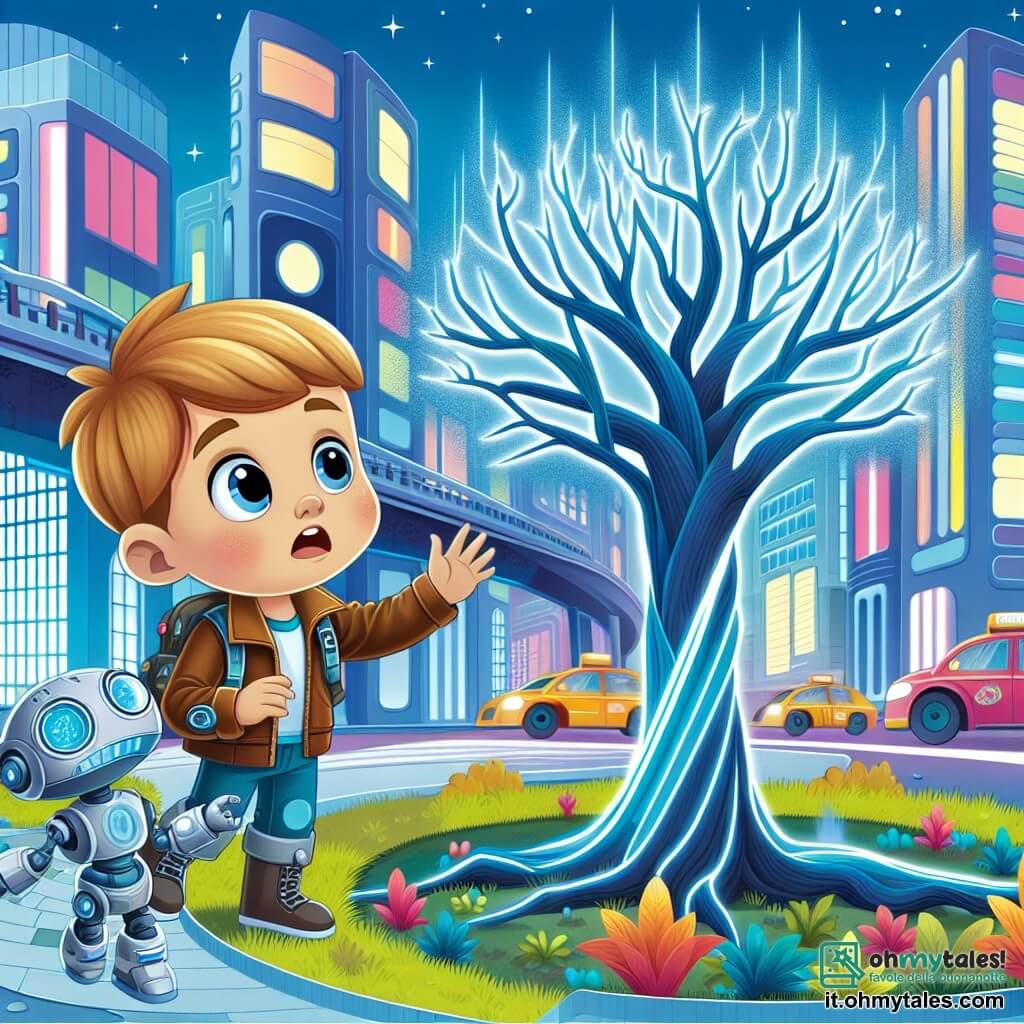 Une illustration destinée aux enfants représentant un petit garçon curieux et énergique, découvrant un arbre lumineux flétrir dans un parc futuriste, accompagné de son fidèle robot métallique, dans la ville fantastique de Lumina City, où les rues brillent de lumières colorées et les bâtiments touchent le ciel de leurs formes futuristes.