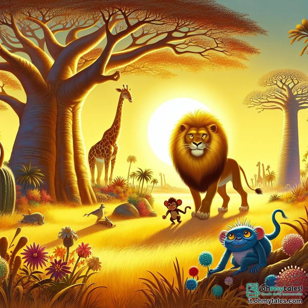 Illustration destinée aux enfants représentant une vaste savane dorée, baignée par la lumière du soleil couchant, où de grands baobabs aux troncs noueux s'élèvent majestueusement. Au centre, un lion majestueux, avec une crinière dorée flamboyante qui brille comme de l'or, se tient fier et protecteur, entouré d'animaux de la savane. À ses côtés, une petite scimmia espiègle, aux yeux pétillants et à la fourrure brune, grimpe joyeusement sur une branche, tandis qu'une girafe élégante, au long cou tacheté, observe la scène avec curiosité. Ensemble, ils se dirigent vers une caverne mystérieuse, où un petit monstre aux yeux brillants et à la fourrure bleue, tremblant de peur, attend avec espoir. Des fleurs colorées et des herbes hautes dansent doucement au gré du vent, ajoutant une touche de magie à cette rencontre inattendue.