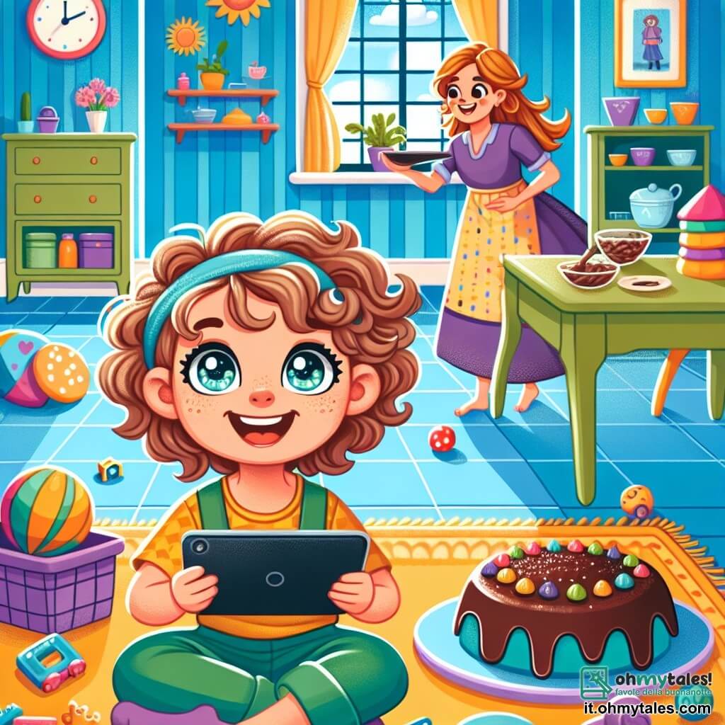 Une illustration sous forme de dessin destinée aux enfants représentant une chambre colorée avec des murs peints en bleu ciel et un grand tapis jaune, où une fille de 7 ans aux cheveux bouclés et aux yeux pétillants est assise sur un tapis, concentrée sur son tablet, entourée de jouets colorés, tandis qu'à l'arrière-plan, sa maman, une femme souriante aux cheveux châtains, prépare une délicieuse tarte au chocolat, illustrant l'équilibre entre le monde numérique et les moments en famille.