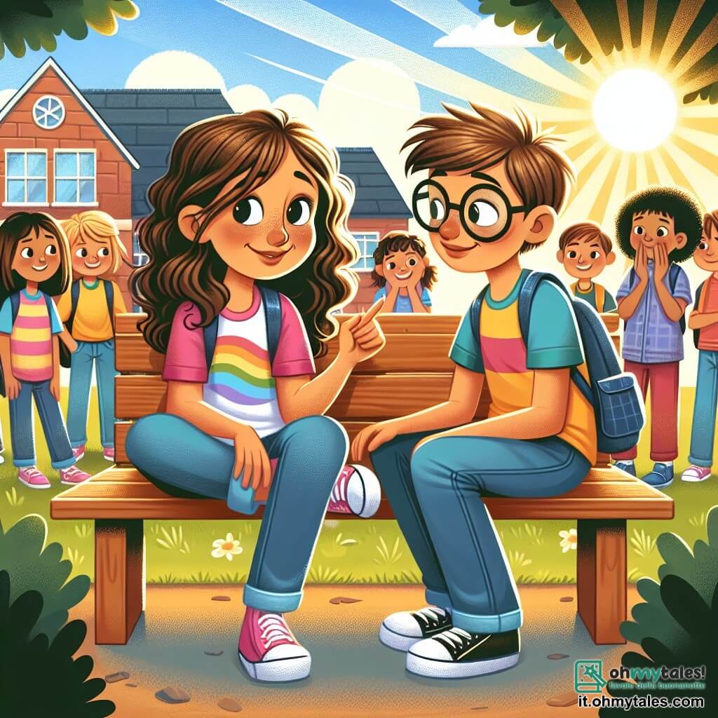 Une illustration sous forme de dessin destinée aux enfants représentant une cour d'école ensoleillée, avec une fille de 11 ans aux cheveux bruns et bouclés, portant un t-shirt coloré et un jean, assise sur un banc en train de discuter amicalement avec un garçon timide aux lunettes épaisses et aux cheveux en bataille, tandis qu'en arrière-plan, un groupe d'enfants observe la scène avec des expressions de curiosité et d'incrédulité, capturant un moment de soutien et d'amitié face à une situation de harcèlement scolaire.