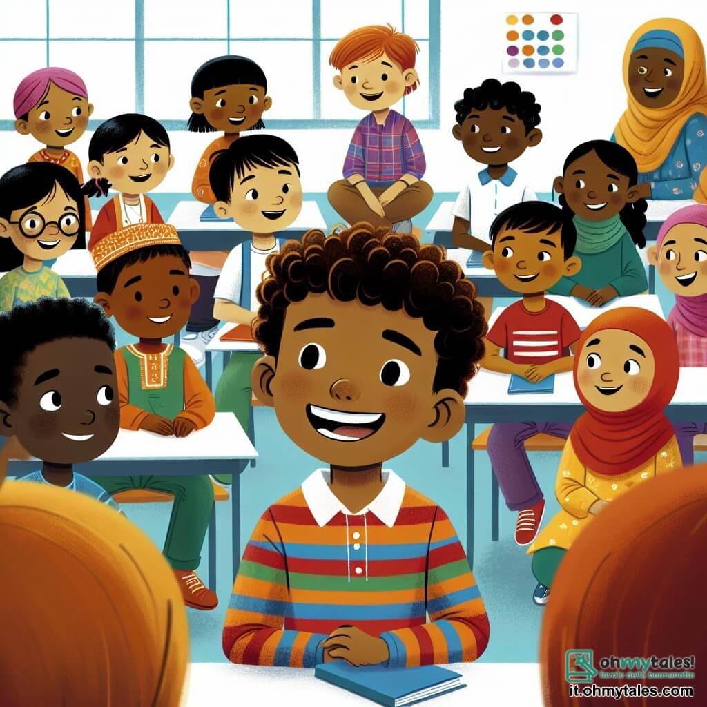 Une illustration destinée aux enfants représentant un jeune garçon souriant, entouré de ses camarades de classe, dans une salle de classe colorée et joyeuse, où ils écoutent attentivement leur enseignante raconter des histoires passionnantes.