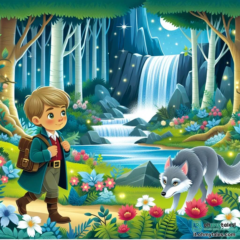 Une illustration destinée aux enfants représentant un jeune garçon intrépide découvrant un petit loup en détresse, dans une forêt enchantée aux arbres gigantesques et aux fleurs lumineuses, tout près d'une cascade majestueuse.