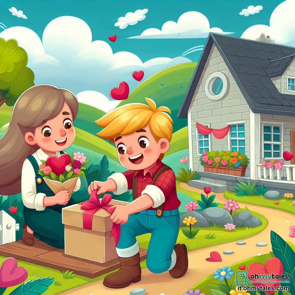 Une illustration destinée aux enfants représentant un garçon plein d'énergie et de fantaisie, préparant une surprise de Saint-Valentin pour sa famille avec l'aide de sa maman, dans une petite maison de campagne entourée de collines verdoyantes et de fleurs colorées.