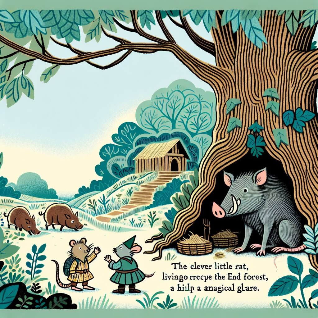 Une illustration destinée aux enfants représentant un petit rat malin, vivant dans une tanière confortable sous un grand arbre, qui cherche à sauver la forêt enchantée de la famine avec l'aide de sa curieuse amie, une petite topine, en explorant des lieux mystérieux et en affrontant un cinghiale vaniteux dans une radure incantée.