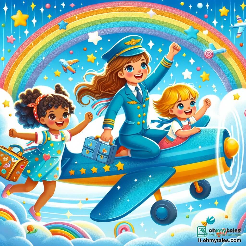 Une illustration destinée aux enfants représentant une pilote d'avion courageuse, accompagnée de deux petits passagers, une fille et un garçon, survolant un ciel bleu parsemé d'arc-en-ciel et de caramelles colorées, dans un avion brillant et scintillant.