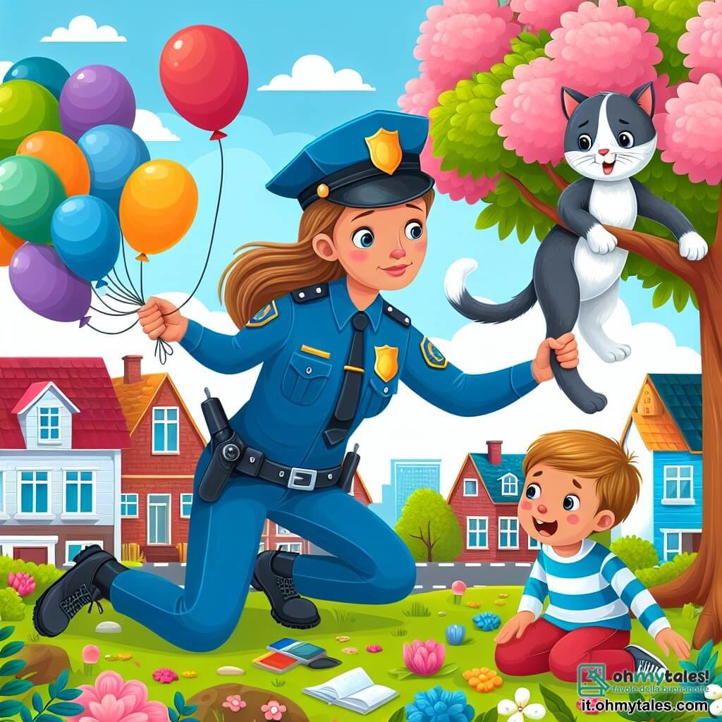 Une illustration destinée aux enfants représentant une policière courageuse et déterminée, aidant un petit garçon et une petite fille à sauver un chat coincé dans un arbre, dans un quartier animé et coloré avec des maisons en briques, des arbres fleuris et des ballons multicolores flottant dans le ciel.