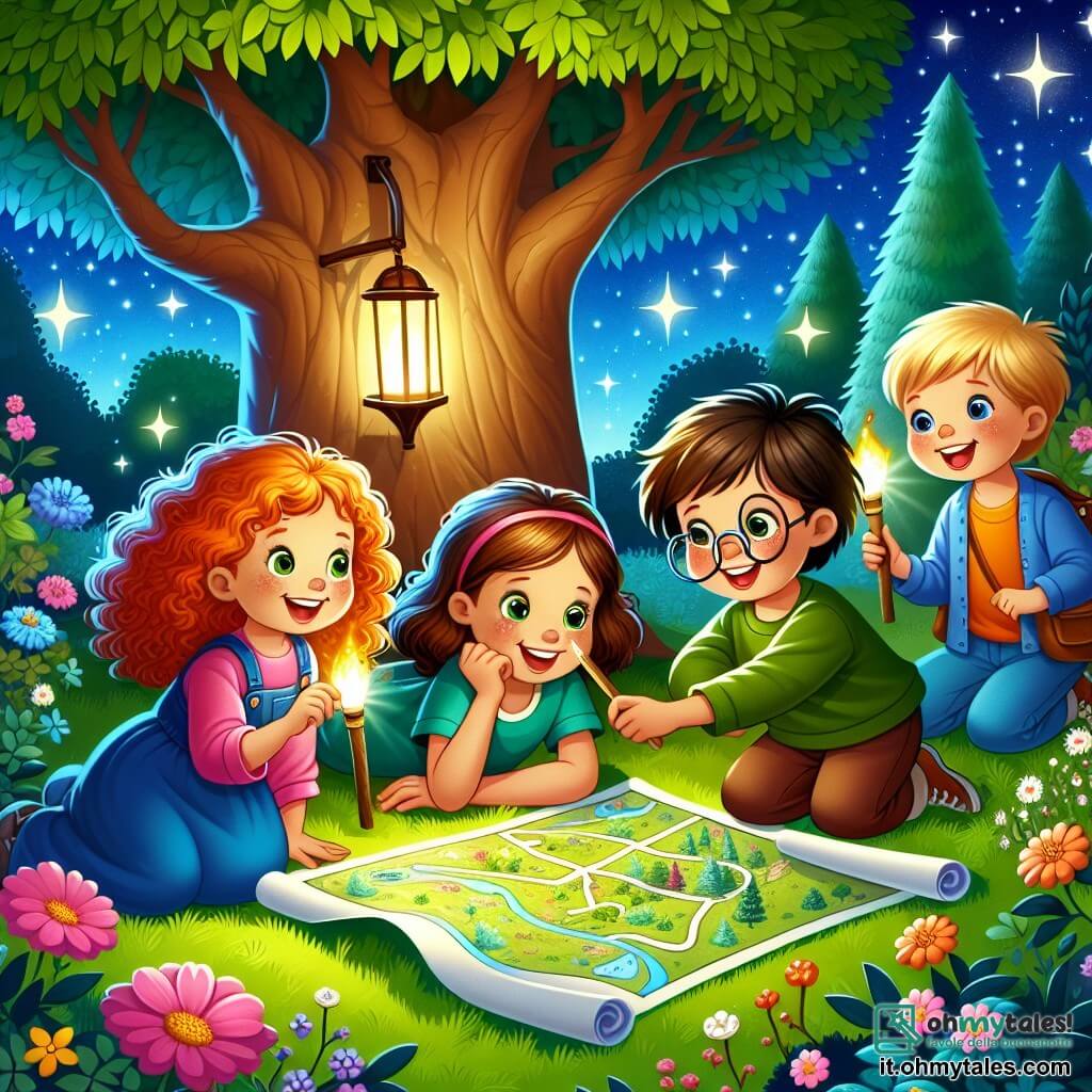 Illustrazione che rappresenta un giardino incantato sotto un cielo stellato, dove ombre danzano dolcemente sull'erba verde. Al centro, quattro bambini, tre ragazze e un ragazzo, sono riuniti attorno a un grande albero con rami distesi, illuminato dalla luce delle loro torce. La prima ragazza, con capelli ricci e rossi e un sorriso splendente, tiene una torcia che illumina il suo viso gioioso. La seconda ragazza, con capelli castani e lisci, disegna una mappa sul terreno con dei bastoni, il suo sguardo concentrato ed entusiasta. La terza ragazza, con occhiali e capelli castani, racconta una storia con gesti espressivi, i suoi occhi brillano di immaginazione. Il ragazzo, con capelli corti e biondi, osserva attentamente, un sorriso sulle labbra, pronto a partecipare all'avventura. L'atmosfera è magica, con stelle scintillanti sopra e fiori colorati che aggiungono un tocco di incanto al decor. I bambini, uniti dal loro coraggio, scoprono la bellezza del giardino di notte, trasformando la loro paura del buio in un'avventura luminosa e gioiosa.