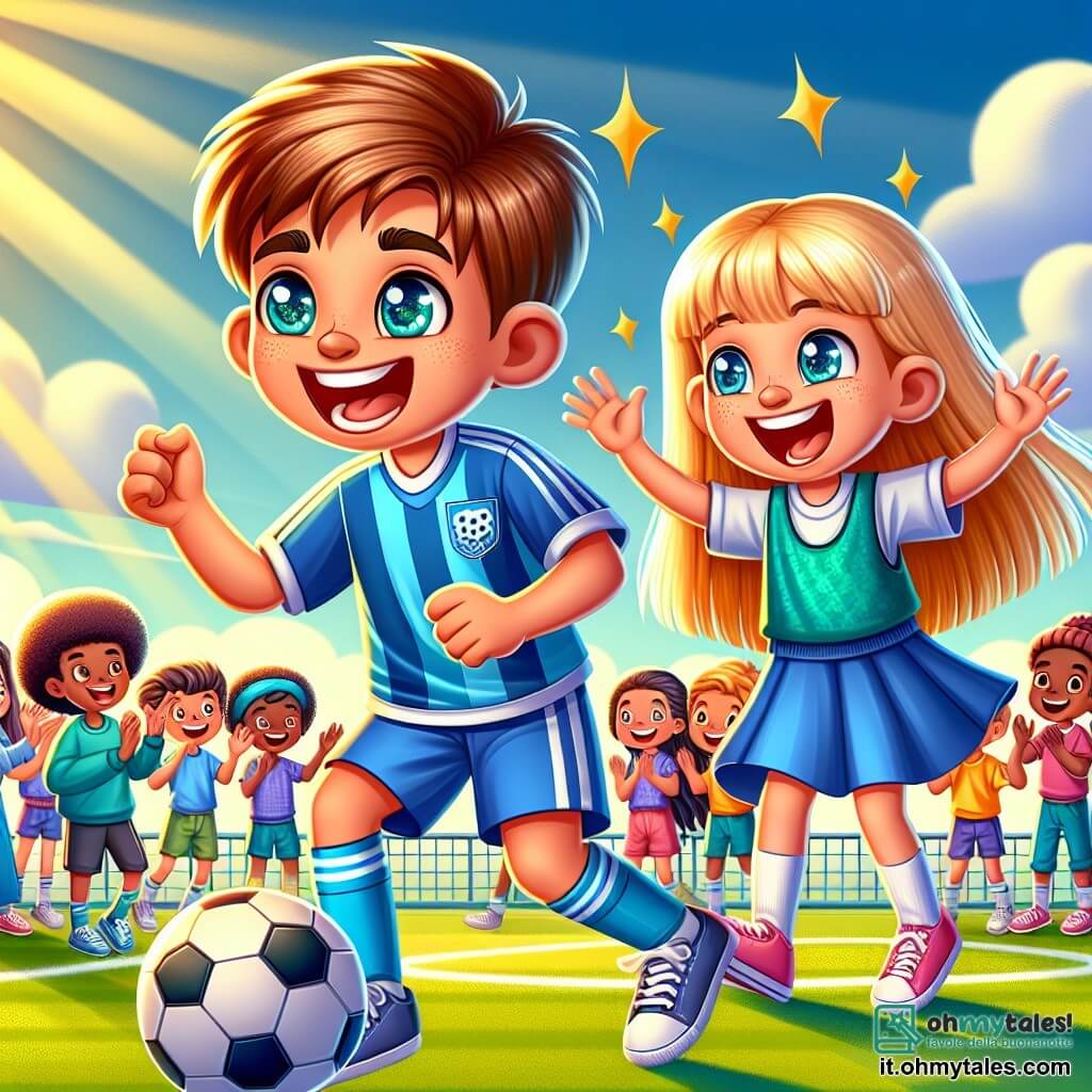 Une illustration sous forme de dessin destinée aux enfants représentant un terrain de football verdoyant, où un garçon de 11 ans aux cheveux bruns et aux yeux pétillants, vêtu d'un maillot bleu, dribble le ballon avec détermination, tandis qu'une fille aux cheveux longs et blonds, portant un short et des baskets, l'encourage avec un grand sourire, symbolisant l'égalité des genres à travers le sport, entourés de camarades de classe applaudissant et d'un ciel ensoleillé, créant une atmosphère joyeuse et dynamique.