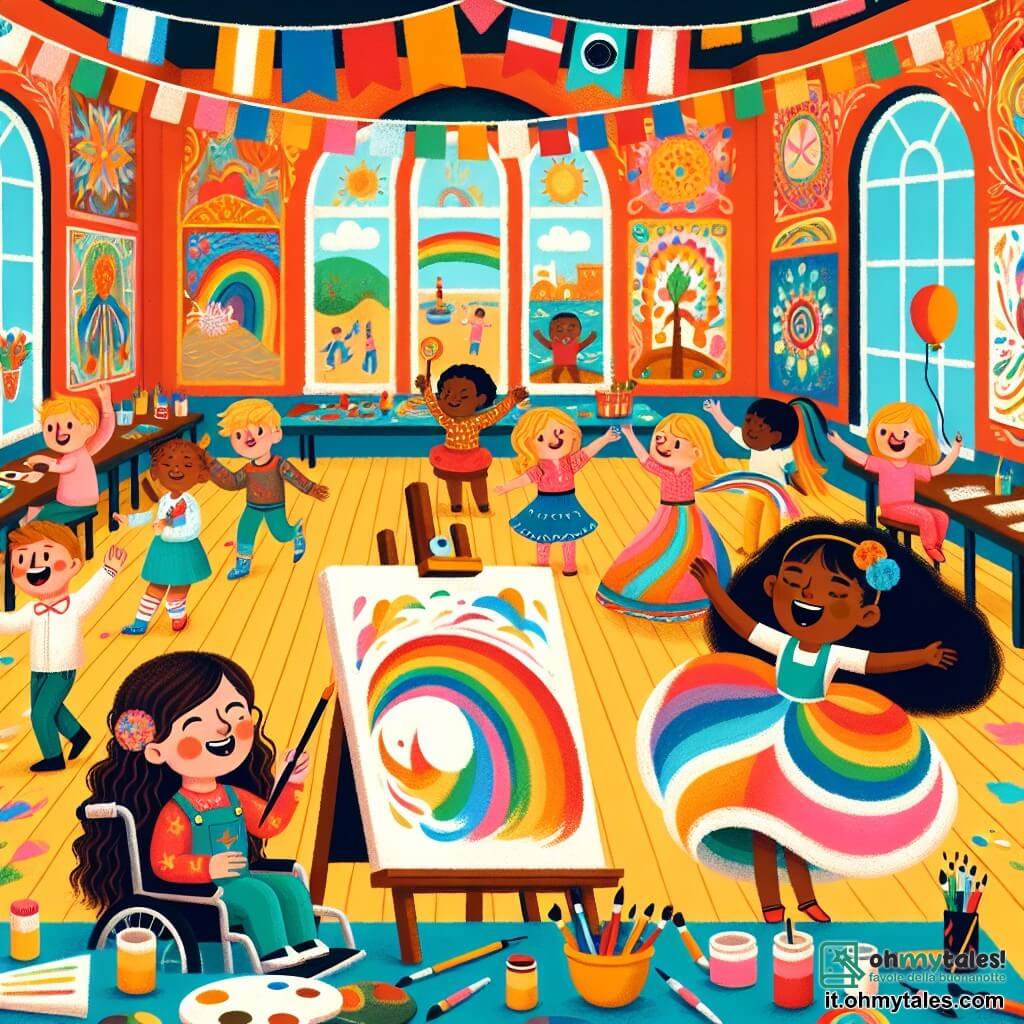 Illustrazione che rappresenta un centro culturale colorato e accogliente, con muri decorati da affreschi vivaci e tavoli pieni di materiali artistici. In primo piano, una ragazza di circa 8 anni, con capelli castani e ricci, sta dipingendo un grande arcobaleno su una tela, il suo volto radioso di gioia. Accanto a lei, un'altra ragazza di circa 7 anni, con capelli biondi e lisci, danza con grazia, indossando un vestito colorato che le gira attorno, mentre un gruppo di bambini la circonda, applaudendo e sorridendo. Un po' più in là, una ragazza di circa 9 anni, con capelli neri e lisci, seduta su una sedia a rotelle, mostra con orgoglio delle bandierine di diversi colori che rappresentano paesi di tutto il mondo. La scena è piena di risate e colori, con palloncini fluttuanti e festoni decorativi, simboleggiando la celebrazione della diversità e dell'amicizia.
