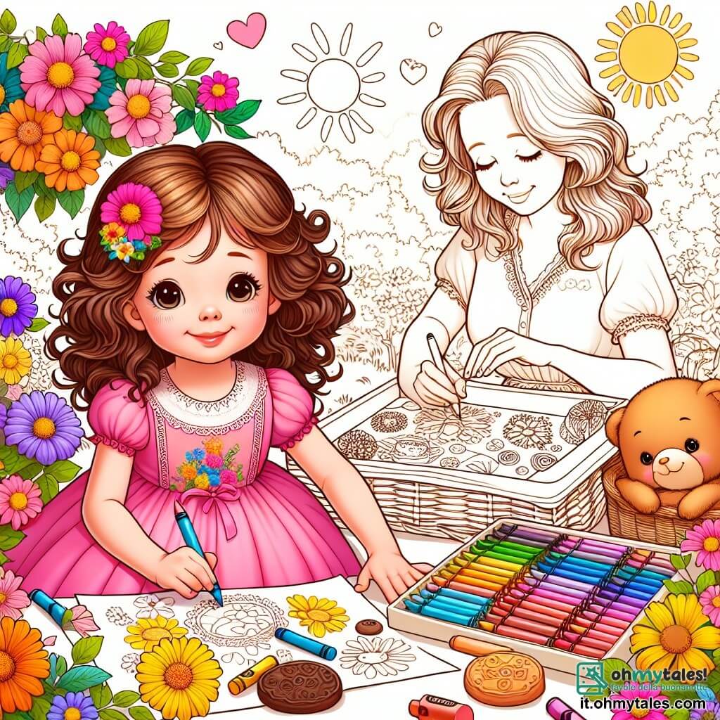Une illustration sous forme de dessin destinée aux enfants représentant un jardin ensoleillé rempli de fleurs colorées, où une petite fille de 3 ans aux cheveux bouclés et aux yeux pétillants, vêtue d'une robe rose, s'active joyeusement à dessiner des cartes de fête des mères avec des crayons colorés, tandis qu'une femme douce aux cheveux châtains, portant un tablier, sourit tendrement en préparant des biscuits au chocolat à l'arrière-plan, créant une atmosphère chaleureuse et festive de partage et d'amour familial.