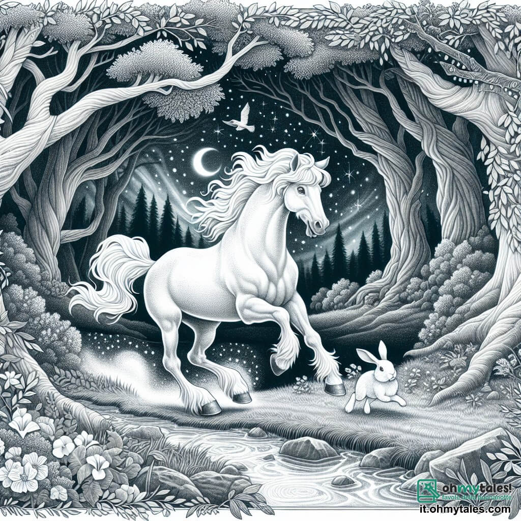 Une illustration destinée aux enfants représentant un élégant étalon blanc, fier et courageux, venant en aide à un petit lapin, dans une magnifique forêt enchantée aux arbres séculaires et aux ruisseaux murmureurs.