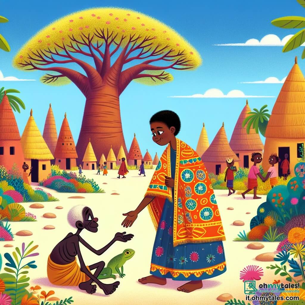 Une illustration sous forme de dessin destinée aux enfants représentant un vaste et coloré village africain avec des maisons en terre cuite et un majestueux baobab au centre, où une jeune femme au sourire éclatant, vêtue d'une robe vibrante ornée de motifs traditionnels, tend la main vers un homme aux traits fatigués, portant des vêtements usés, tandis qu'une petite lucertole verte les observe avec curiosité, illustrant le moment où la femme propose de partager des fruits pour résoudre le problème du vol dans le village, entourés de fleurs éclatantes et d'un ciel bleu ensoleillé.