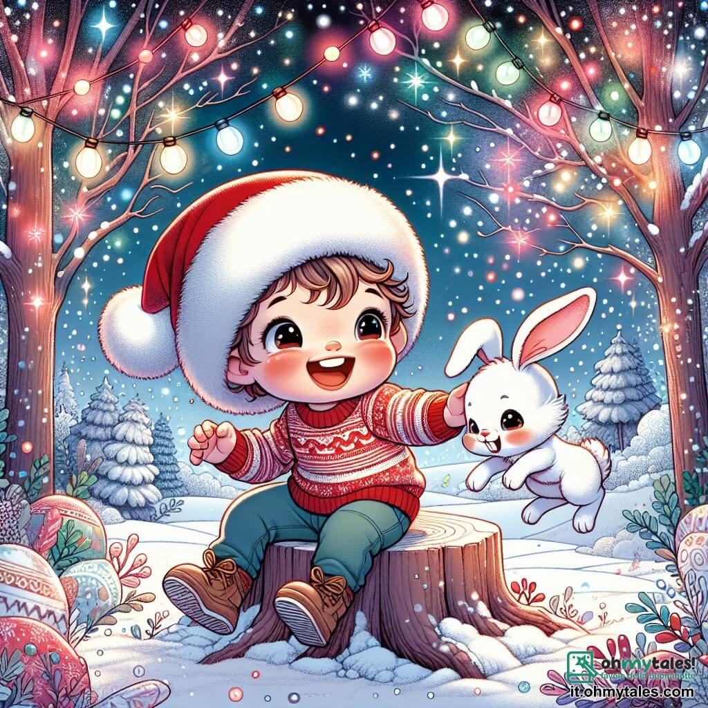 Une illustration sous forme de dessin destinée aux enfants représentant une forêt enneigée illuminée par des lumières colorées de Noël, avec un petit garçon de 1 an aux cheveux bouclés et aux joues roses, portant un grand cappello di Babbo Natale rouge et blanc, assis sur un tronçon d'arbre, riant joyeusement, tandis qu'un petit coniglio bianco aux yeux pétillants et aux grandes oreilles s'apprête à sauter à ses côtés, tous deux entourés de flocons de neige scintillants et de branches décorées, capturant l'esprit magique et joyeux de Noël.