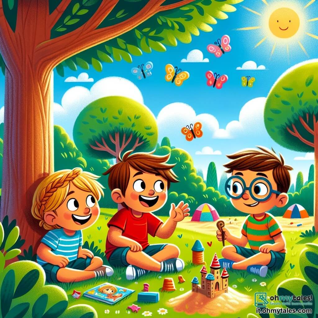 Illustrazione che rappresenta un parco soleggiato, con grandi alberi dalle foglie verdi e un cielo blu punteggiato di nuvole bianche e soffici. Al centro, un gruppo di bambini gioca allegramente: un ragazzo di circa 8 anni, con capelli castani arruffati e una maglietta rossa, ride mentre nasconde il viso dietro un albero. Accanto a lui, una ragazza di 7 anni, con capelli biondi intrecciati e un vestito a fiori colorati, osserva con curiosità un altro ragazzo, di 9 anni, che indossa occhiali e ha un sorriso timido. Quest'ultimo, seduto sull'erba, sembra un po' preoccupato, mentre gioca con un piccolo bastone. La scena cattura un momento di complicità e sincerità, dove i bambini discutono dell'importanza della verità, circondati da giocattoli sparsi e un castello di sabbia che hanno costruito insieme. Farfalle colorate volano intorno a loro, aggiungendo un tocco di magia a questa bella giornata di amicizia.