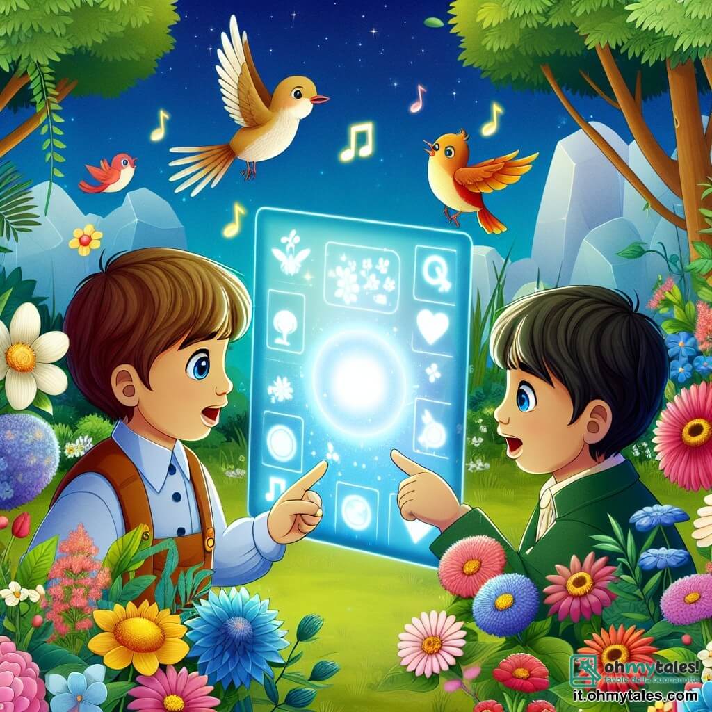 Une illustration destinée aux enfants représentant un garçon curieux face à un écran lumineux, accompagné de son ami garçon, entourés de fleurs colorées et d'oiseaux chantants dans un jardin verdoyant.