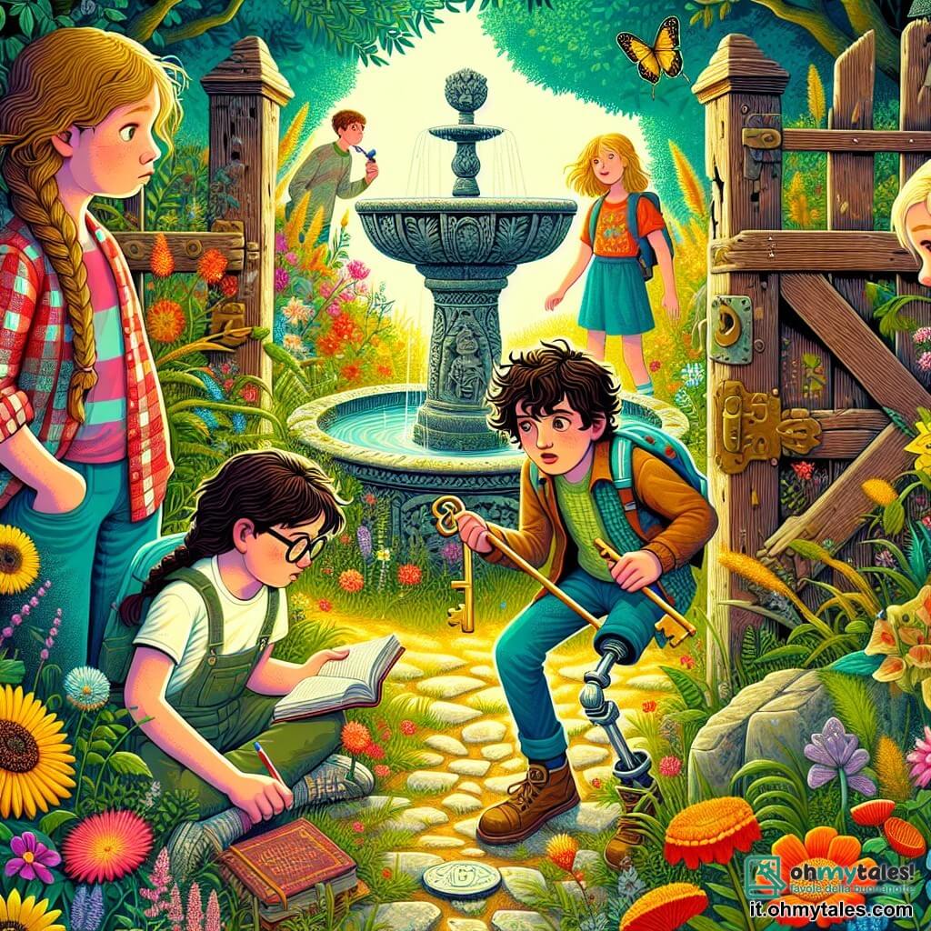 Illustrazione che rappresenta un giardino abbandonato, invaso da fiori selvatici dai colori vivaci e erbe alte. Al centro, una vecchia fontana in pietra, decorata con motivi delicati, emana un'atmosfera misteriosa, mentre un vecchio cancello di legno, leggermente aperto, lascia intravedere un sentiero tortuoso fiancheggiato da alberi. In questa scena, un ragazzo di dodici anni, con i capelli castani arruffati e una camicia a quadri, tiene in mano una chiave dorata, il suo viso illuminato dall'eccitazione. Accanto a lui, una ragazza di dodici anni, con lunghi capelli biondi intrecciati e un sorriso curioso, osserva attentamente la fontana, gli occhi brillanti di entusiasmo. Un altro ragazzo, sempre di dodici anni, con occhiali e una maglietta colorata, prende appunti su un quaderno, mentre una ragazza di dodici anni, con una protesi alla gamba, si piega per esaminare il terreno, l'espressione concentrata. La situazione principale mostra il gruppo di amici che scopre un antico tesoro nascosto, circondato da un'aura di avventura e mistero. Elementi grafici aggiuntivi includono foglie cadute, farfalle colorate che svolazzano attorno a loro e raggi di sole che filtrano tra gli alberi, creando un'atmosfera magica e affascinante.