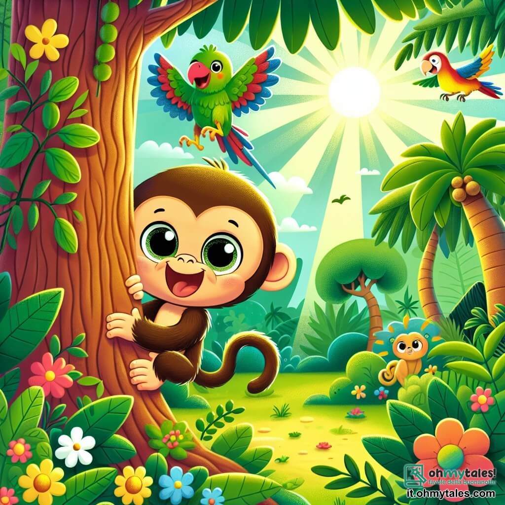Une illustration sous forme de dessin destinée aux enfants représentant une jungle luxuriante et colorée, avec de grands arbres aux feuilles vertes et des fleurs éclatantes, où une petite singe malicieuse, au pelage brun et aux yeux pétillants, se cache derrière un arbre en riant, tandis qu'un pappagallo aux plumes vives, vertes et bleues, vole au-dessus d'elle en cherchant à la trouver, capturant l'instant amusant d'un jeu de cache-cache entre amis, avec des rayons de soleil filtrant à travers les feuillages et des animaux curieux observant la scène.