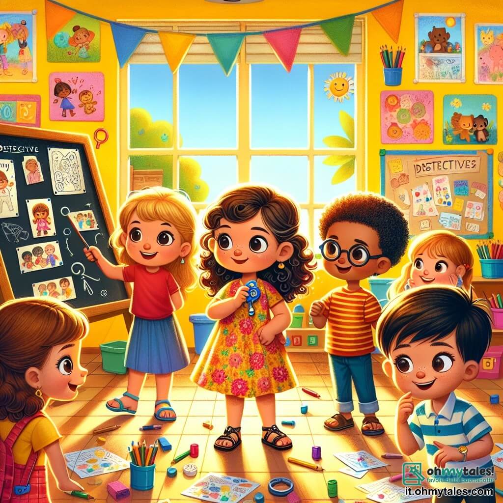 Illustrazione che rappresenta un'aula colorata e soleggiata, con pareti dipinte di giallo vivo e manifesti educativi appesi. Al centro, una grande lavagna nera con disegni di bambini appesi. Tre giovani detective sono lì: una ragazza di 6 anni con capelli ricci e castani, che indossa un vestito a fiori e sandali, tiene un piccolo bottone blu tra le mani, con aria curiosa. Accanto a lei, un'altra ragazza di 6 anni con capelli lisci e biondi, vestita con una maglietta rossa e pantaloni corti, guarda il bottone con occhi scintillanti di eccitazione. Infine, un ragazzo di 6 anni con capelli castani e una maglietta a righe, che sorride e punta verso il bottone, come se avesse appena fatto una scoperta incredibile. La scena mostra i bambini in piena indagine, circondati da compagni di classe che li osservano con interesse. Matite colorate e fogli di carta sono sparsi sui banchi, aggiungendo un tocco di creatività all'atmosfera. L'ambiente è gioioso e dinamico, illustrando lo spirito di avventura e amicizia dei piccoli investigatori.