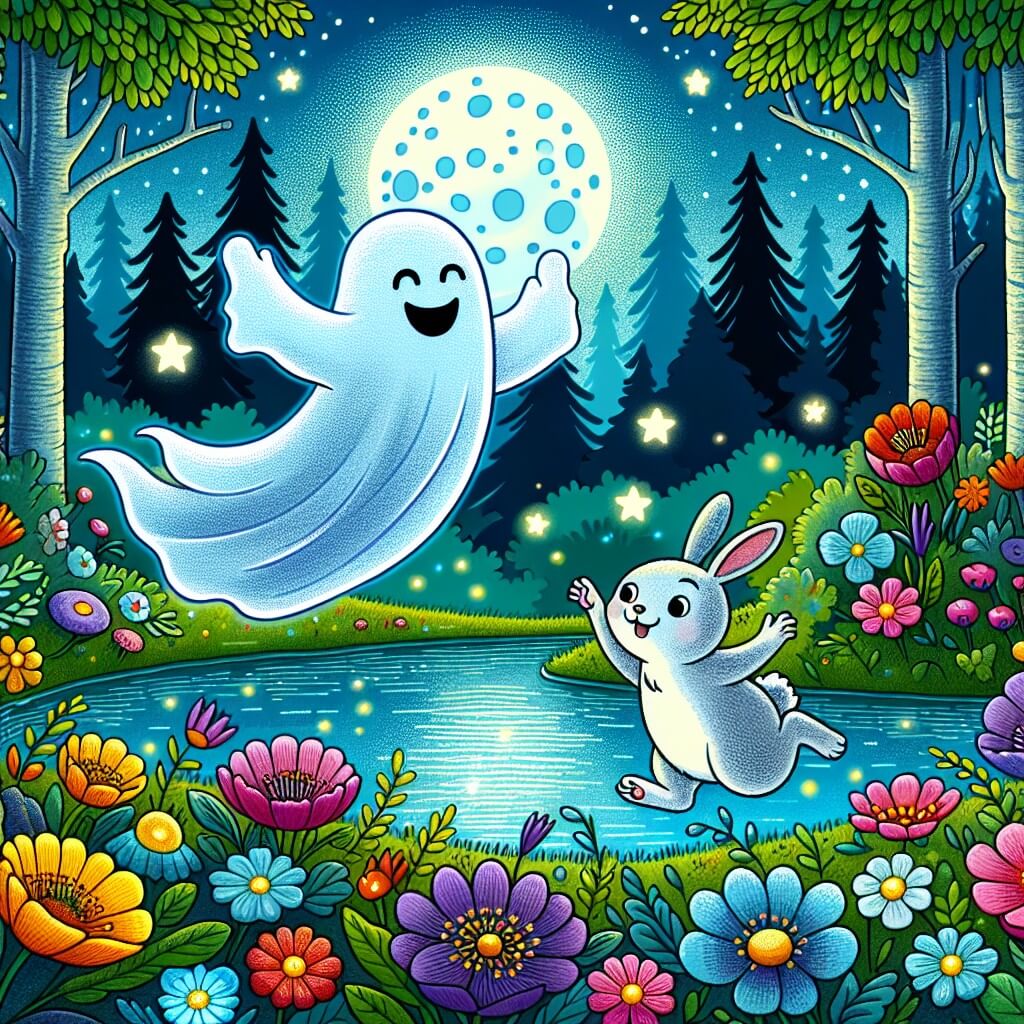 Une illustration destinée aux enfants représentant un fantôme espiègle, flottant joyeusement dans une forêt enchantée, accompagné d'un petit lapin curieux, dans un clair de lune scintillant au-dessus d'un étang bordé de fleurs lumineuses aux couleurs vives.