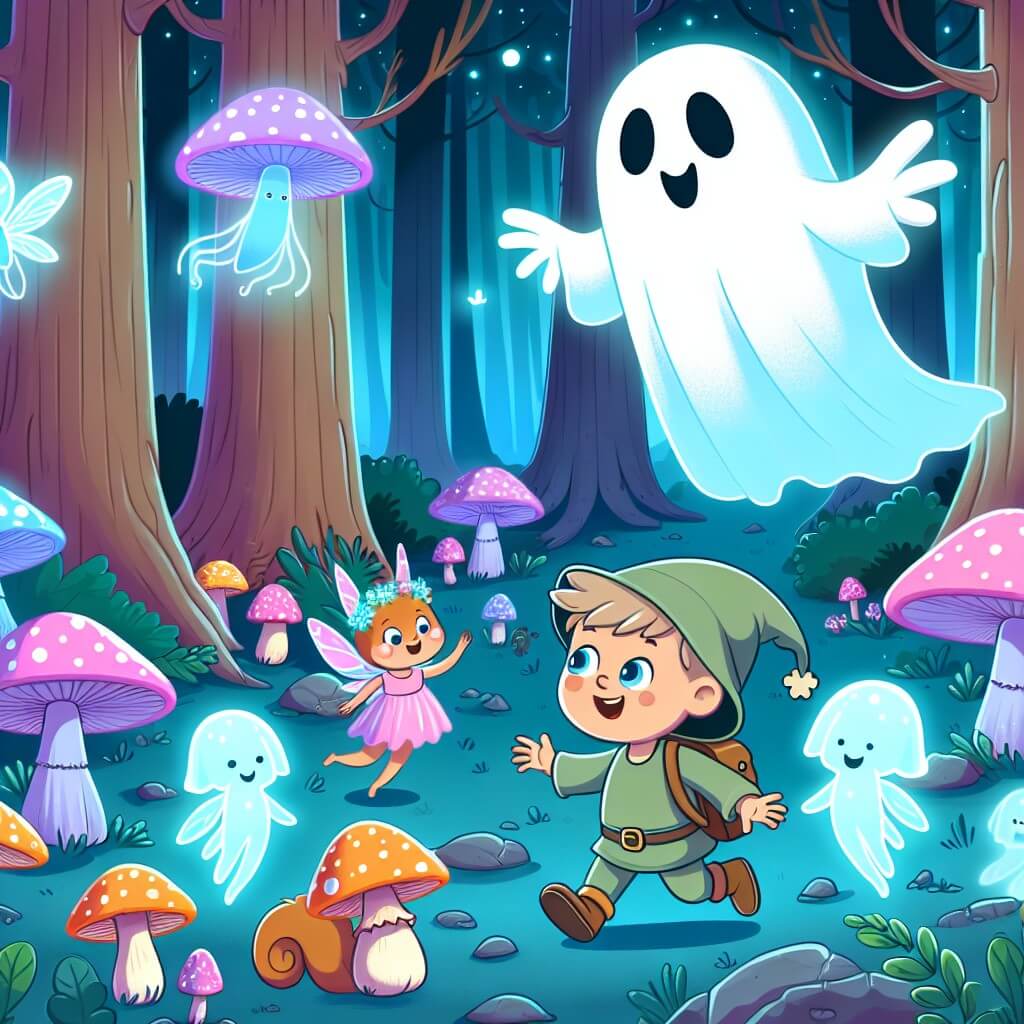 Une illustration destinée aux enfants représentant un fantôme farceur qui se perd dans une forêt enchantée pleine de champignons fluorescents et de fées lumineuses, accompagné d'un petit écureuil curieux.