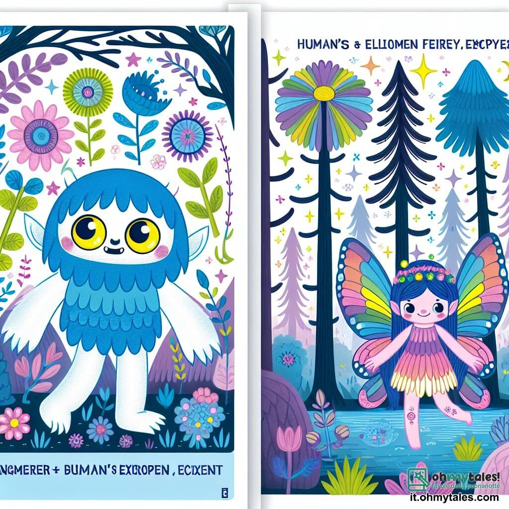 Une illustration destinée aux enfants représentant un petit monstre garçon aux poils bleus et aux yeux jaunes, accompagné d'une fée fille aux ailes arc-en-ciel, naviguant à travers une forêt magique aux arbres gigantesques et aux fleurs lumineuses.