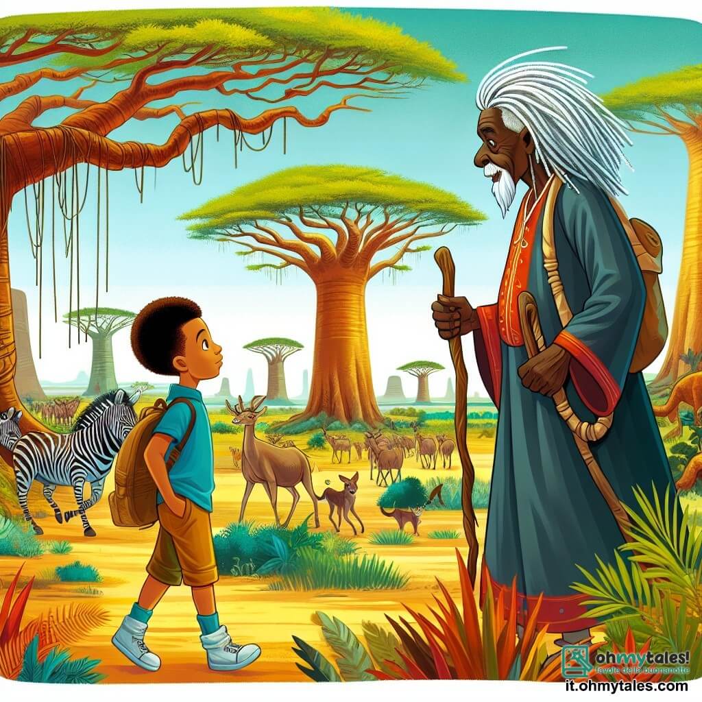 Une illustration destinée aux enfants représentant un jeune homme curieux et avide d'aventures, accompagné d'un sage griot aux longues tresses grises, explorant la savane africaine aux couleurs chatoyantes, entre les baobabs majestueux et les troupeaux d'animaux sauvages.