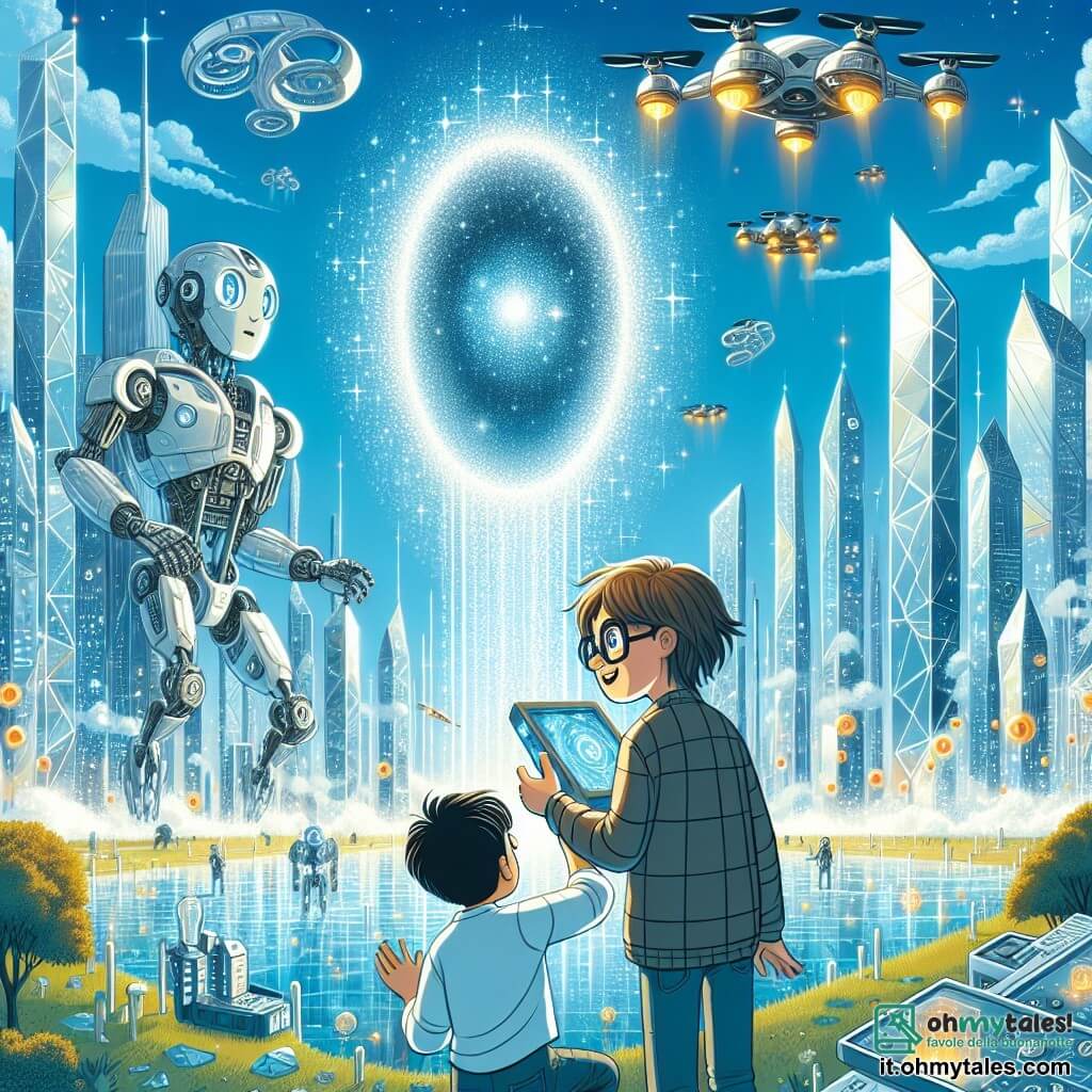 Une illustration sous forme de dessin destinée aux enfants représentant une ville futuriste scintillante avec des grattaciels en cristaux solaires et des drones flottants dans le ciel bleu, où un garçon de 11 ans aux cheveux ébouriffés et portant des lunettes épaisses, concentré sur la construction d'un robot, est entouré de son ami, un garçon aux cheveux bruns et aux yeux pétillants, qui l'observe avec enthousiasme; ensemble, ils découvrent un mystérieux portail lumineux au centre du parc, prêt à s'engager dans une aventure incroyable.