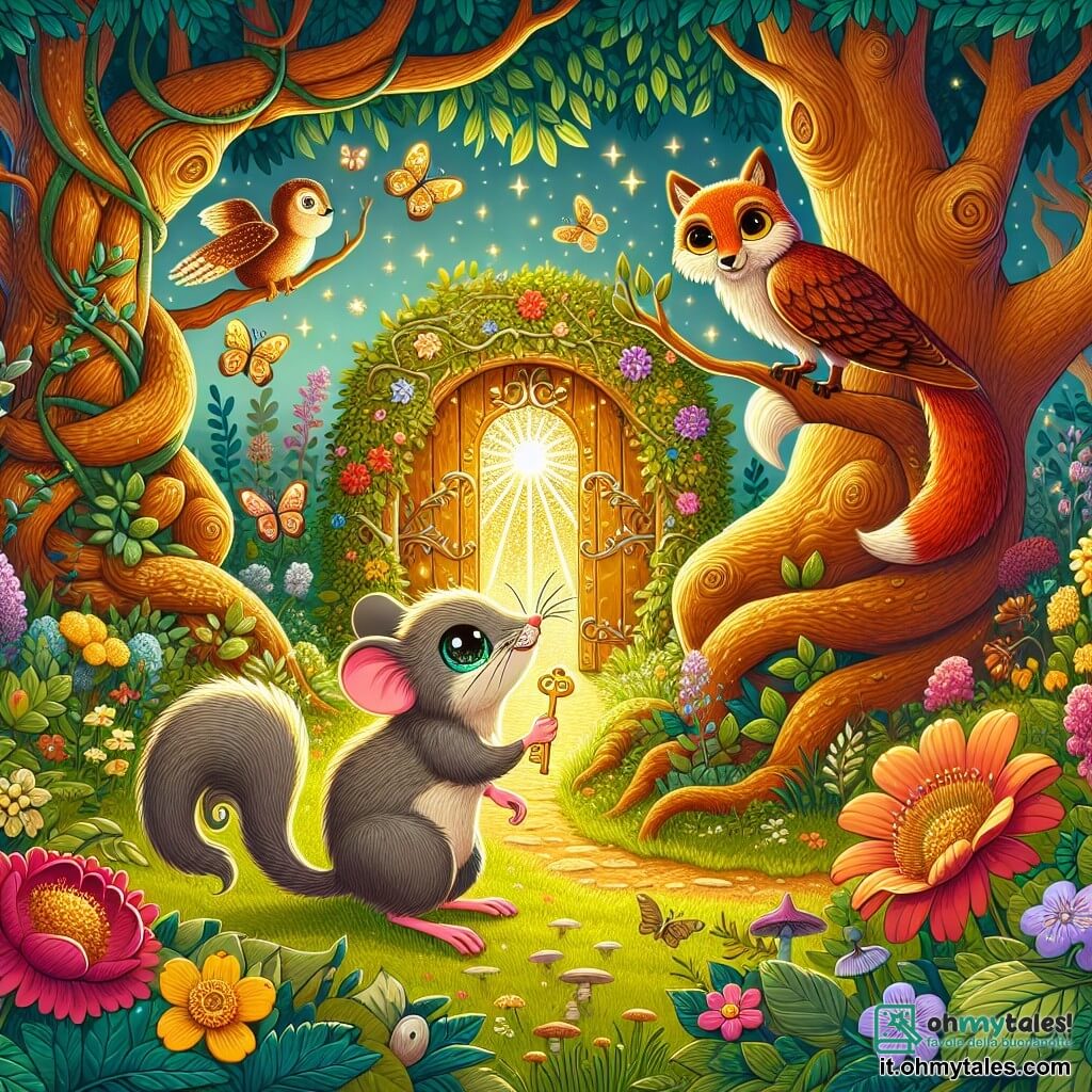 Illustrazione che rappresenta un giardino incantato, pieno di fiori colorati dai petali brillanti, di alberi maestosi con tronchi nodosi e di una luce dorata che filtra tra le foglie. Al centro, un piccolo topo dagli occhi scintillanti, con un pelo grigio setoso e una lunga coda agile, sta in piedi sulle zampe posteriori, tenendo in mano una chiave d'oro brillante. Accanto a lui, una volpe dai peli rosso fuoco, con una coda folta, osserva con curiosità, mentre un grande gufo dalle piume marroni e dagli occhi saggi, posato su un ramo, guarda attentamente la scena. Insieme scoprono la magia del giardino, pronti ad aprire una porta misteriosa che scintilla in lontananza, circondata da viti e fiori argentati. Farfalle colorate volano attorno a loro, aggiungendo un tocco di magia a quest'avventura.