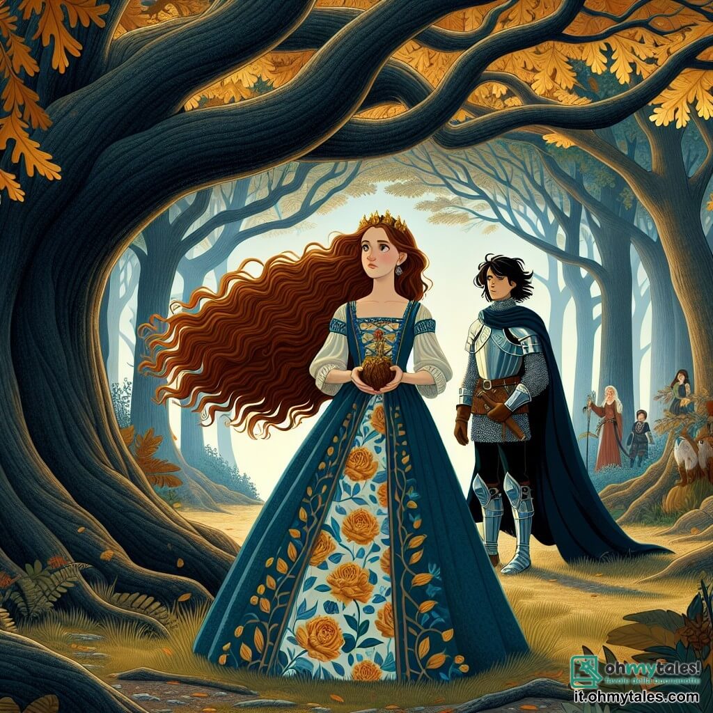 Une illustration sous forme de dessin destinée aux enfants représentant une forêt enchantée, avec des arbres majestueux aux feuilles dorées, où une jeune femme aux longs cheveux châtains, vêtue d'une robe bleue ornée de motifs floraux, se tient courageusement devant un ancien arbre de chêne, tenant une carte ancienne dans ses mains, tandis qu'à ses côtés, un jeune homme aux cheveux noirs et à l'armure brillante l'observe avec admiration, tous deux prêts à affronter l'ombre menaçante qui plane sur leur royaume, évoquant une atmosphère de magie et d'aventure.