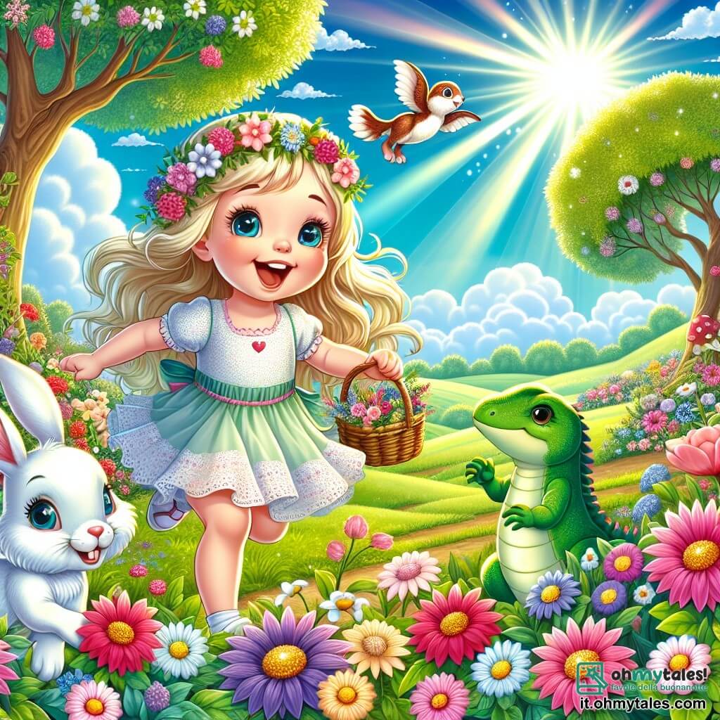 Illustration destinée aux enfants représentant un jardin enchanté, rempli de fleurs colorées aux pétales scintillants et d'arbres majestueux aux feuilles d'un vert éclatant, sous un ciel bleu parsemé de nuages doux. Au centre, une petite fille de trois ans avec de longs cheveux blonds brillants et des yeux azur, riant et courant joyeusement parmi les fleurs, tenant un petit panier en osier. À ses côtés, un coniglio bianco aux grandes oreilles, avec un sourire amical, qui saute gaiement, et une lucertola verde, sage et calme, observant la scène avec un regard profond. La situation principale montre la petite fille découvrant la beauté du jardin tout en jouant et en apprenant à comprendre ses émotions, entourée de la magie de la nature. Des rayons de soleil filtrent à travers les feuilles, créant une atmosphère chaleureuse et accueillante, remplie de joie et de curiosité.