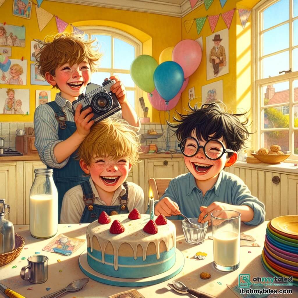 Illustrazione che rappresenta una scena gioiosa in una cucina soleggiata, con muri dipinti di giallo pastello e finestre aperte che lasciano entrare una dolce brezza. Sulla tavola, una piccola torta decorata e piatti colorati aggiungono un tocco festivo. Al centro dell'immagine, un ragazzo di sette anni, con i capelli castani disordinati e un grande sorriso, tiene una vecchia macchina fotografica, meravigliato. Accanto a lui, un altro ragazzo di sette anni, con i capelli biondi e occhiali tondi, ride tenendo un biscotto a forma di cuore. Infine, un terzo ragazzo, anch'egli di sette anni, con capelli neri e lentiggini, sta versando latte in un bicchiere, con gli occhi scintillanti di eccitazione. La scena cattura il momento in cui i tre amici preparano una sorpresa per la festa del papà, circondati da risate e gioia. Sullo sfondo, palloncini colorati fluttuano e disegni di bambini decorano i muri, aggiungendo un'atmosfera festiva e calorosa a questa celebrazione speciale.