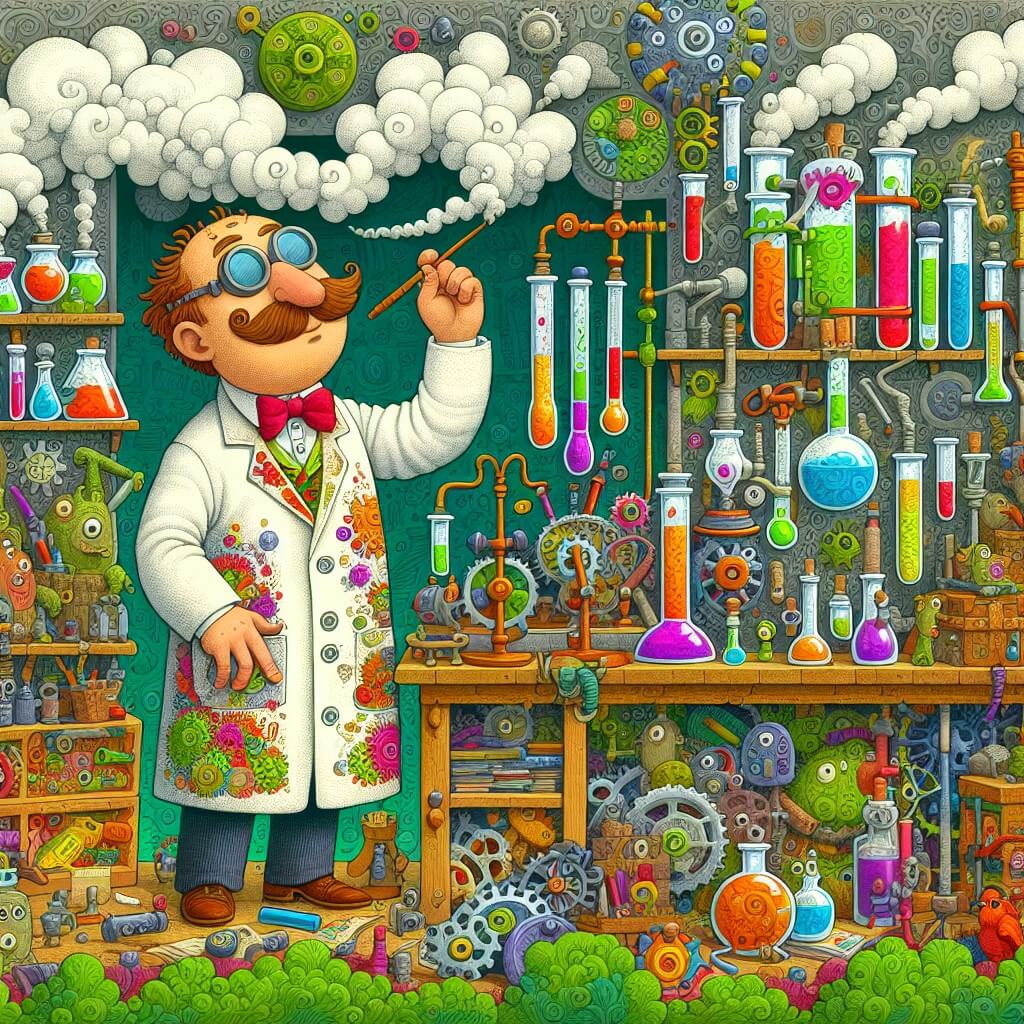 Une illustration destinée aux enfants représentant un inventeur excentrique, vêtu d'une blouse tachée de couleurs vives, en train de tester sa dernière invention farfelue dans son laboratoire rempli de tubes fumants, engrenages tourbillonnants et étagères débordantes de gadgets étranges, le tout situé au sommet d'une colline verdoyante, entouré d'arbres aux formes fantaisistes et d'animaux curieux qui observent avec fascination.