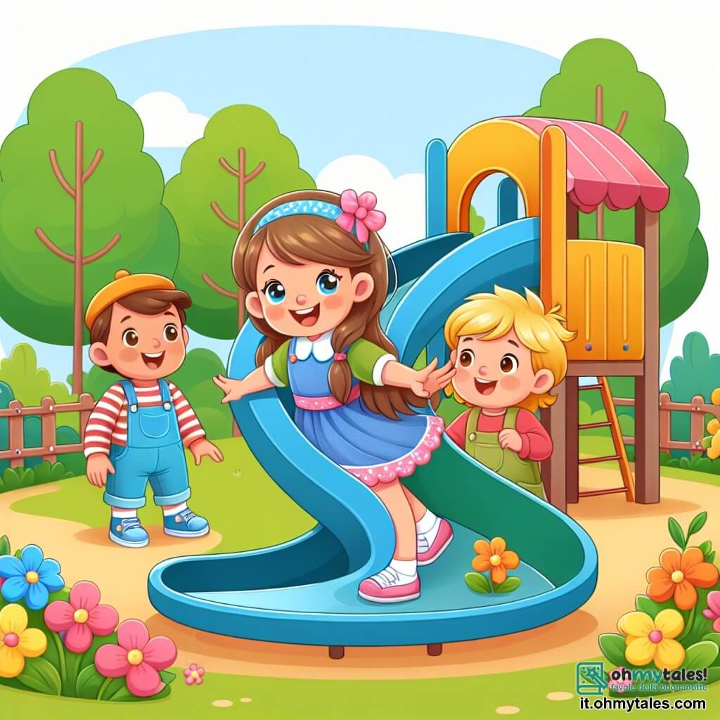 Une illustration destinée aux enfants représentant une petite fille joyeuse et curieuse découvrant un nouveau scivolo colorato au parc, accompagnée de ses amis, une fille et un garçon, entourés de alberi verdi e fiori colorati.