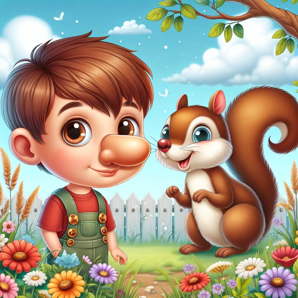 Une illustration destinée aux enfants représentant un petit garçon aux cheveux bruns et aux yeux pétillants, qui se trouve dans son jardin enchanté, tenant un nez en bois géant, tandis qu'un adorable écureuil curieux observe la scène depuis une branche fleurie, entourée de fleurs multicolores et d'herbes hautes, sous un ciel d'un bleu clair parsemé de nuages ​​cotonneux.