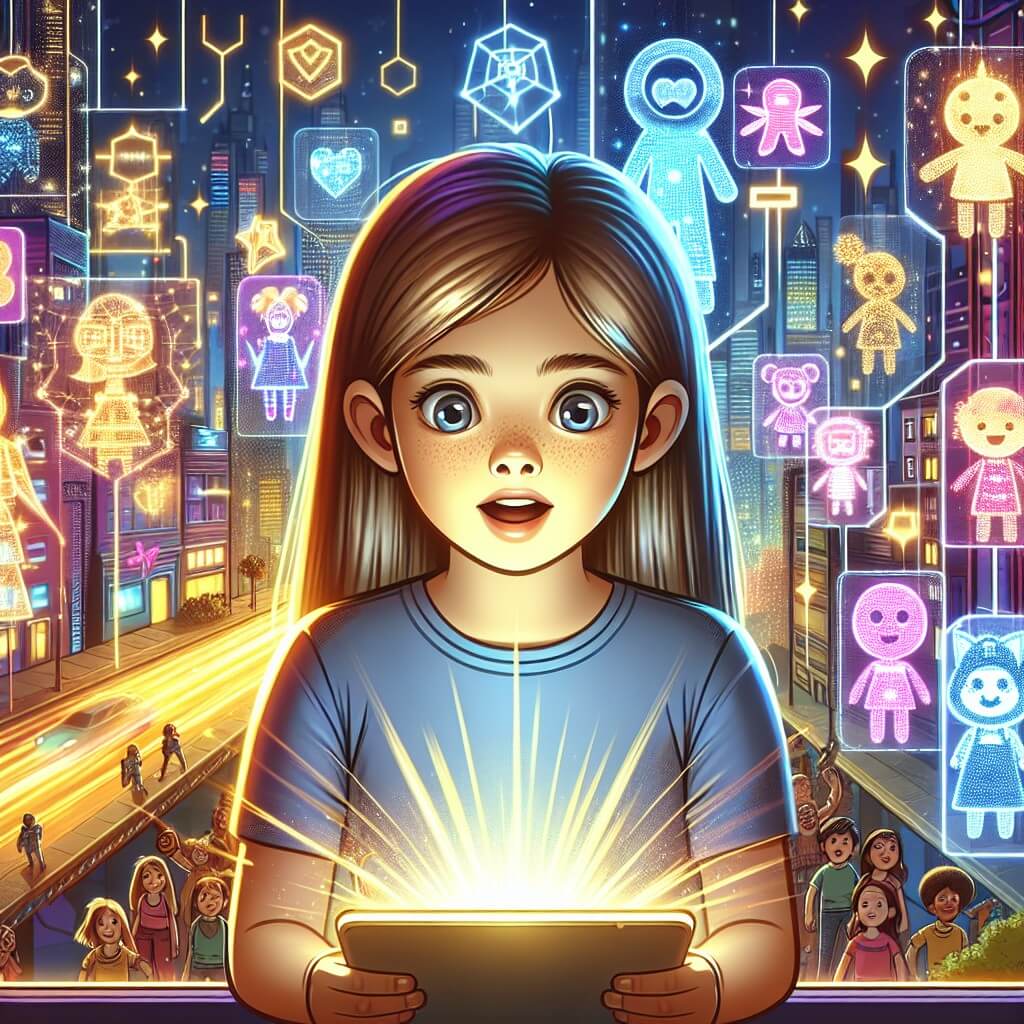 Une illustration destinée aux enfants représentant une petite fille fascinée par un écran lumineux, entourée de personnages virtuels, dans une ville futuriste pleine de néons et de gratte-ciel étincelants.
